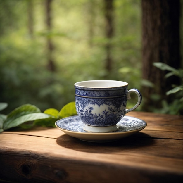 Un bosque exuberante en una mesa de madera adornada con una taza de café recién hecha