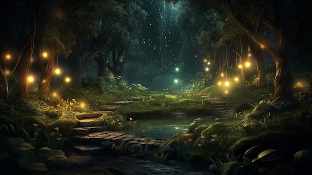 bosque de fantasía con árbol y luz centelleante fondo de cuento de hadas IA generativa