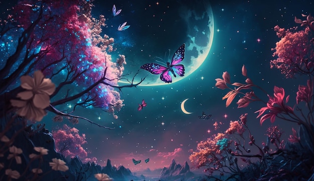 Bosque de fantasía con coloridas mariposas volando entre los rayos de luz