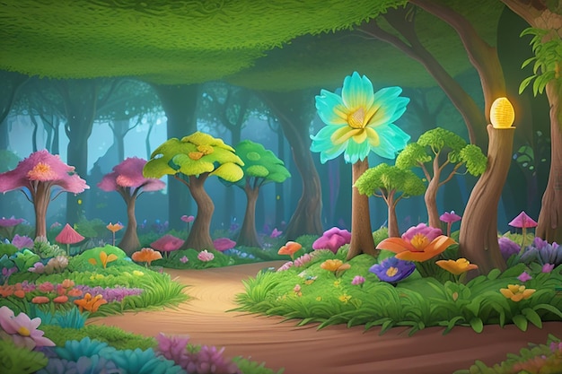 Un bosque de fantasía colorido y vibrante Un paisaje iluminado