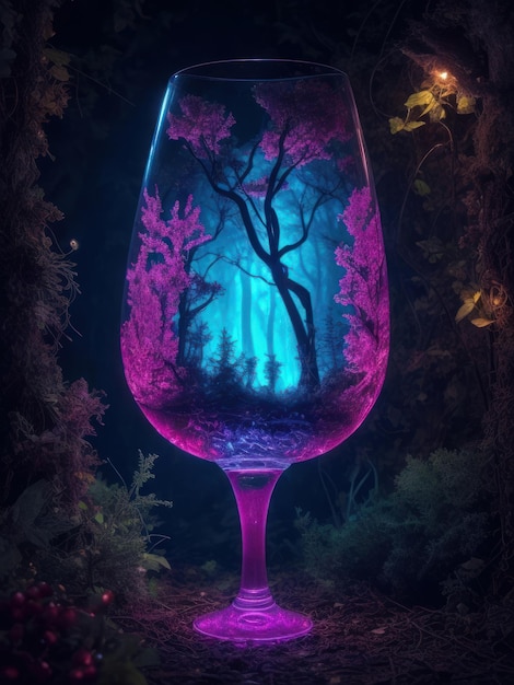 Bosque de fantasía en una copa de vino neón brillo realista ai generado