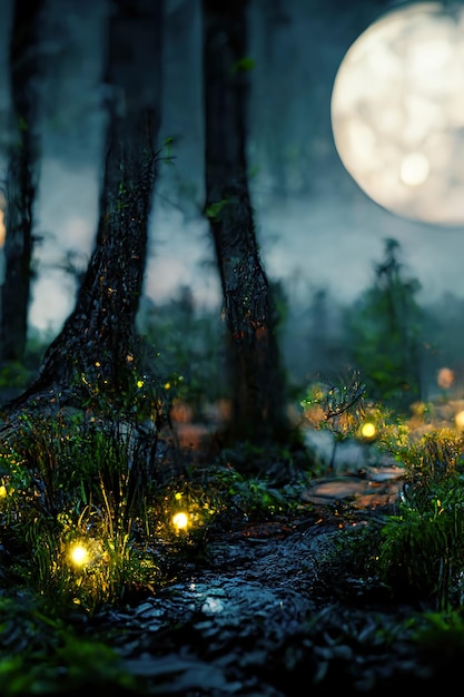 Bosque de fantasía de cuento de hadas oscuro Paisaje de bosque nocturno con resplandores mágicos Bosque abstracto luces de noche de fantasía mágica ilustración de neón 3D