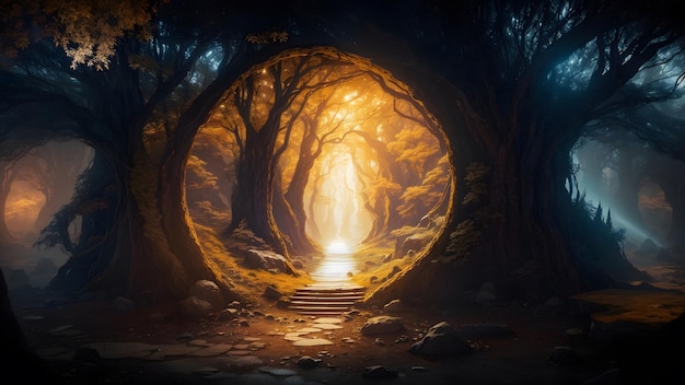 Bosque de fantasía con fondo naranja claro IA generativa