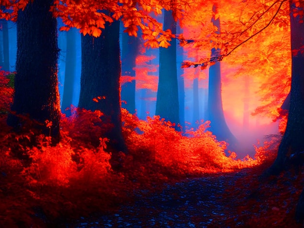 un bosque de fantasía luminoso y místico de color naranja con colores intensos y luz y imagen GNOMOS hD
