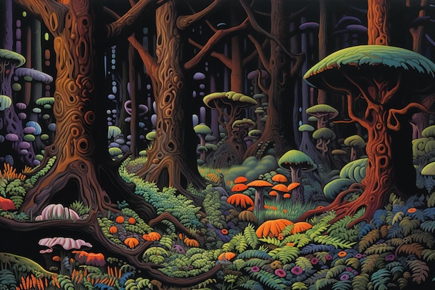 Bosque de fantasía con setas y árboles ilustración para niños en estilo de dibujos animados