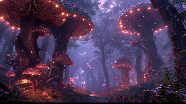 Bosque de fantasía con setas gigantes luminosas resplandecientes