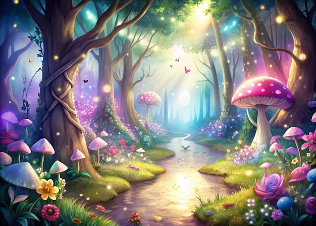 Bosque de fantasía con setas mágicas y luces de hadas ilustración para niños