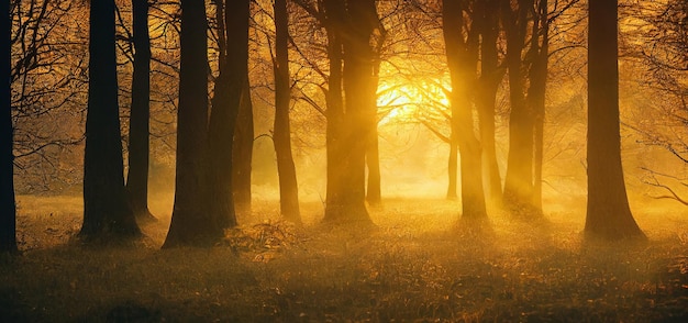 Bosque fantástico encantado vista panorámica mañana hora dorada naturaleza fondo amanecer en otoño ma