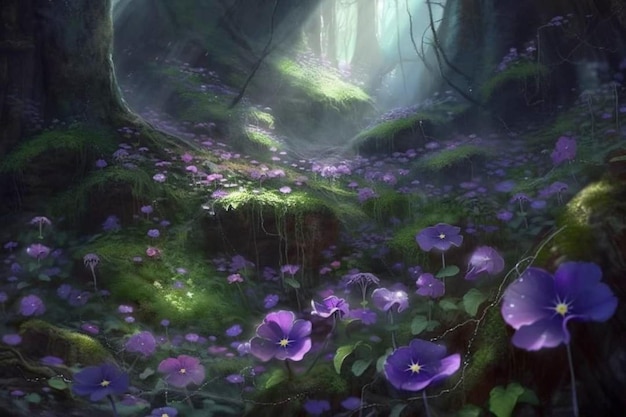 Un bosque con flores moradas y una roca cubierta de musgo.