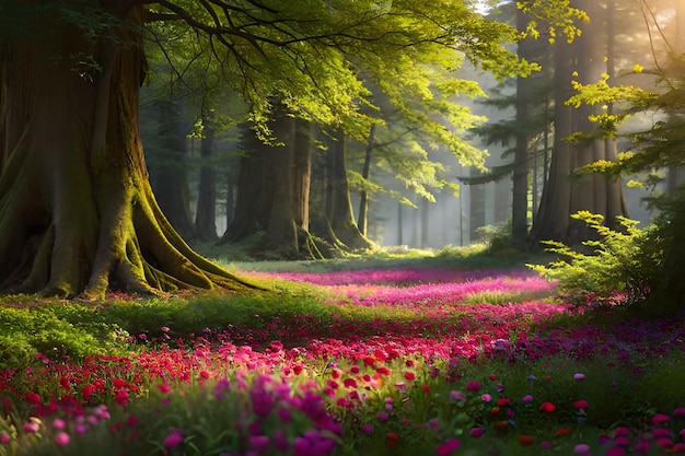 Un bosque con flores en primer plano y un bosque con un sol brillando en el suelo.