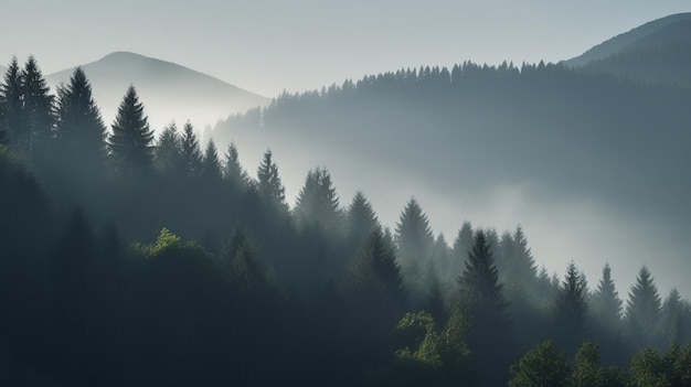 Un bosque con un fondo de niebla y un bosque con árboles en primer plano