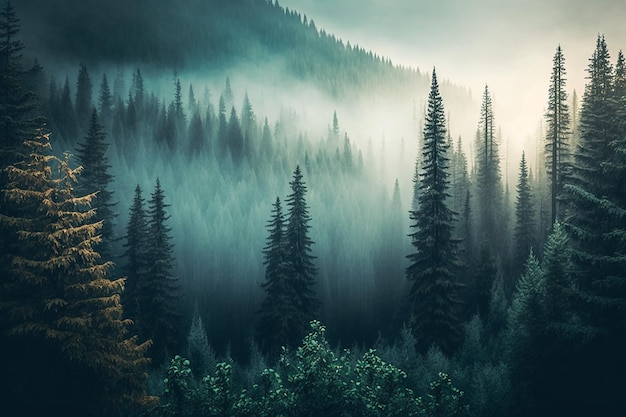 Foto un bosque con un fondo de niebla y un bosque con un bosque en primer plano.