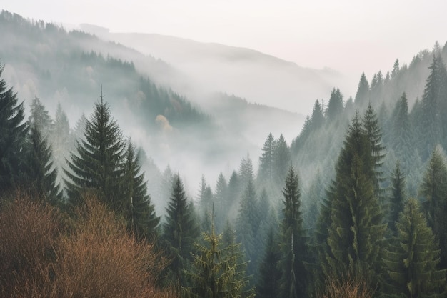 Un bosque con un fondo de niebla y un bosque con un bosque en primer plano.