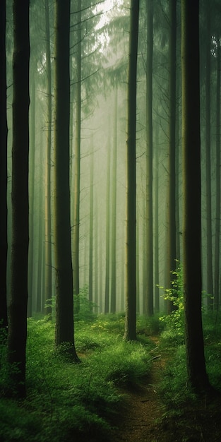 Un bosque con un fondo verde y un árbol en el medio.