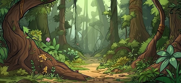 Bosque frondoso 2d Los árboles están cubiertos de hojas y un nuevo crecimiento ilustración de dibujos animados ai generativo