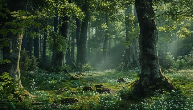 Un bosque con un gran árbol en el medio