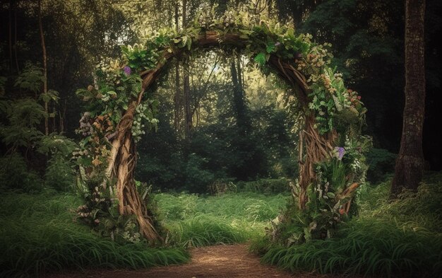 Un bosque con un gran arco hecho de hojas y flores.