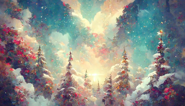 Bosque de hadas Navidad grandes abetos nevados contra el fondo Paisaje natural Ilustración realista