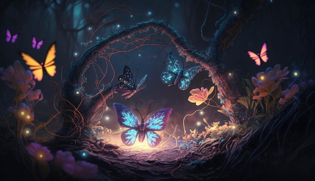 Bosque de hadas en la noche fantasía flores brillantes mariposa y luces Generar Ai