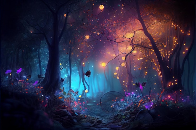 Bosque de hadas en la noche fantasía flores y luces brillantes Generativo A