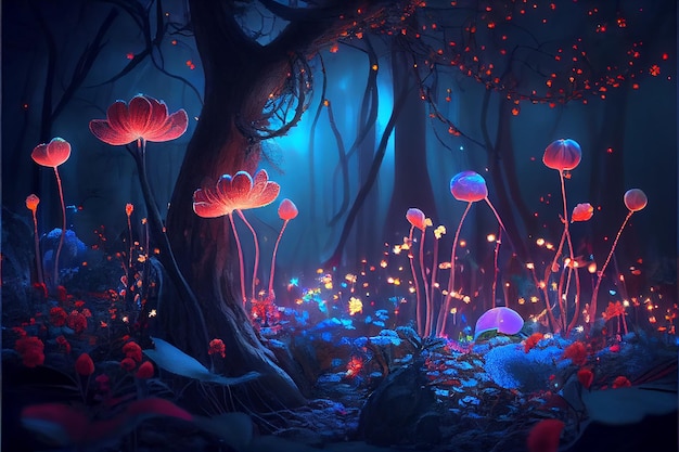 Bosque de hadas en la noche fantasía flores y luces brillantes Generativo A