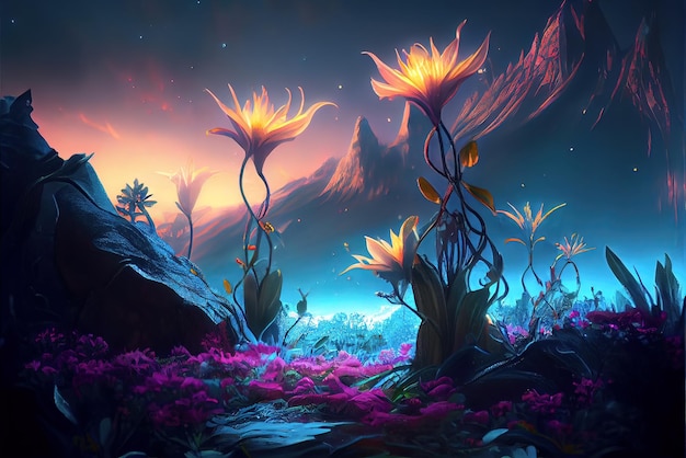 Bosque de hadas en la noche montañas de fantasía y flores brillantes IA generativa