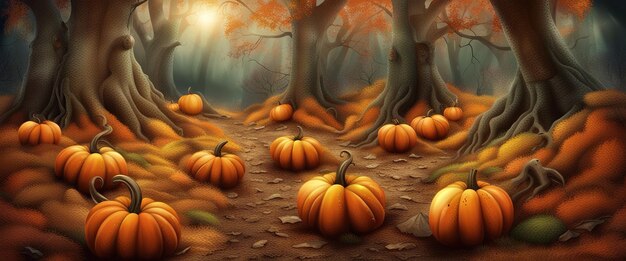 Un bosque de Halloween espeluznante con árboles negros aterradores y calabazas.