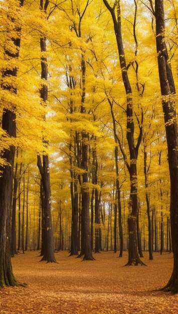 Bosque hecho de oro y hojas amarillas en los árboles y luz difusa Sentimiento de otoño