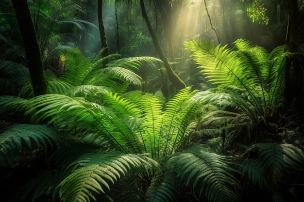 Un bosque con helechos y la luz del sol brillando a través de los árboles.