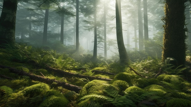 Un bosque con helechos y musgo en primer plano