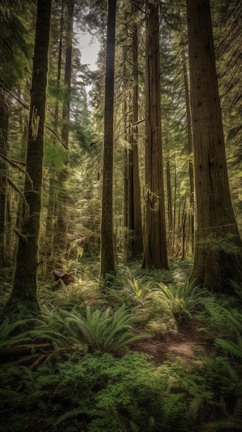 Un bosque con helechos en el suelo