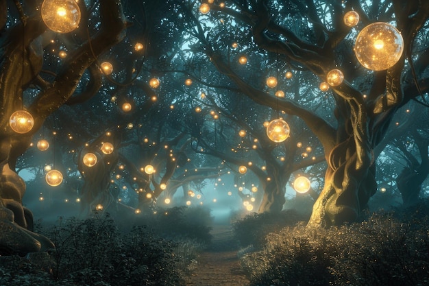 Un bosque hipnotizante lleno de numerosas luces brillantes que crean una atmósfera mágica y encantadora bajo el cielo oscuro