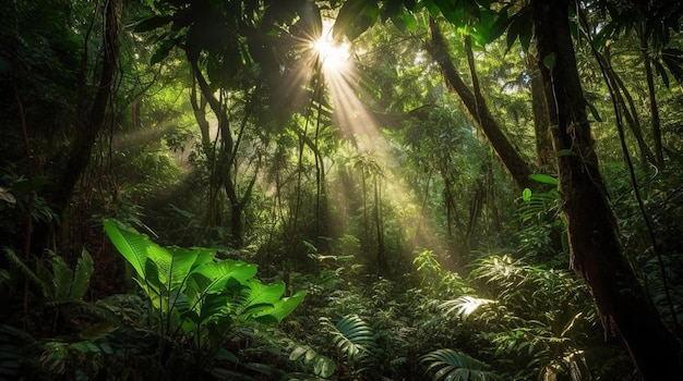 Un bosque con hojas verdes y el sol brillando a través de los árboles.