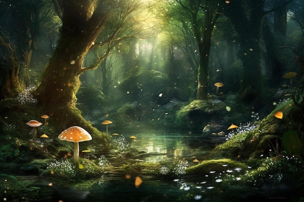 un bosque con un hongo y champiñones en el agua