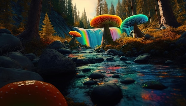 Bosque de hongos gigantes ilustración de arte digital IA generativa