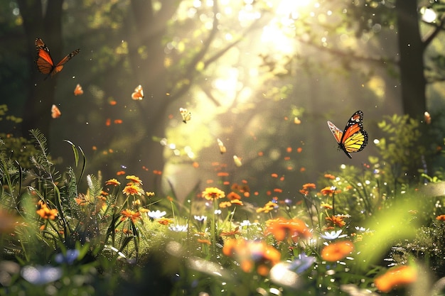 Un bosque iluminado por el sol lleno de mariposas