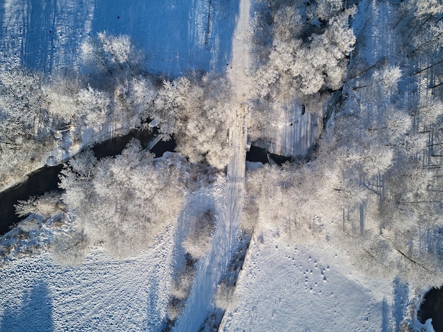 Bosque invernal en helada vista aérea superior Árboles en la orilla del río Pequeño arroyo en el bosque Camino de tierra rural Paisaje de campo cubierto de nieve Clima frío Temporada soleado clima específico Bielorrusia