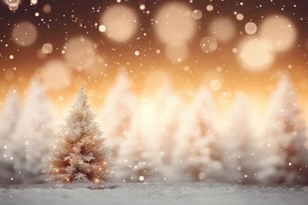 Bosque de invierno con árboles cubiertos de nieve y luces bokeh Fondo navideño Fondo de Navidad y Año Nuevo con árbol de Navidad y luces bokeh AI generado
