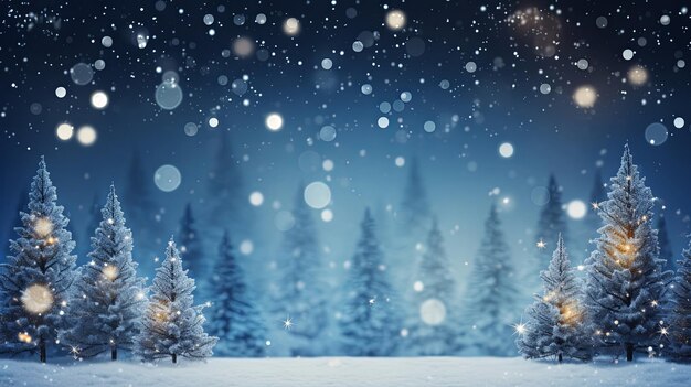 Bosque de invierno árboles de nieve paisaje cielo azul fondo de Navidad para tarjeta de felicitación