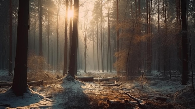 Bosque en invierno con un atardecer Generativo Ai