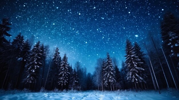 Bosque de invierno contra el telón de fondo de la noche de Navidad con estrellas brillantes