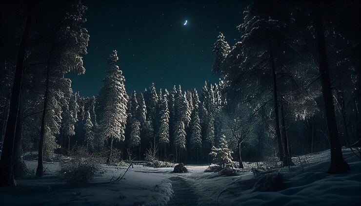 Bosque de invierno cubierto de nieve en la noche con ai generativa de luna llena