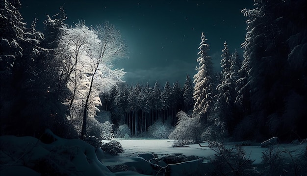 Bosque de invierno cubierto de nieve en la noche con ai generativa de luna llena