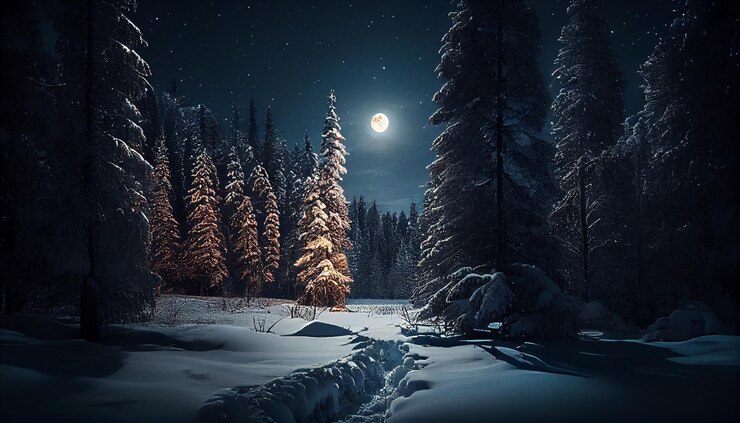 Bosque de invierno cubierto de nieve en la noche con ai generativa de luna llena