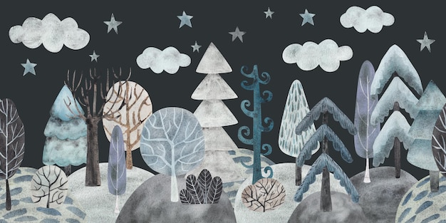 Bosque de invierno Ilustración acuarela en estilo de dibujos animados planos Borde sin costuras