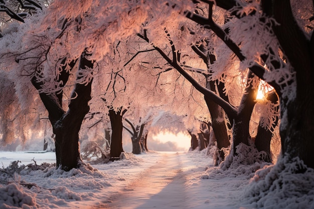 Bosque de invierno mágico cubierto de nieve durante el amanecer