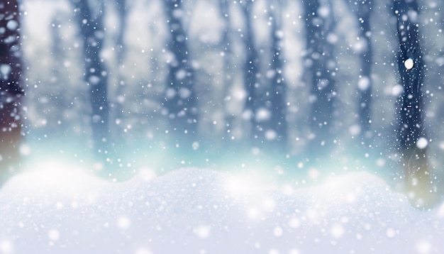 Bosque de invierno con nieve y copos de nieve que caen telón de fondo de Navidad