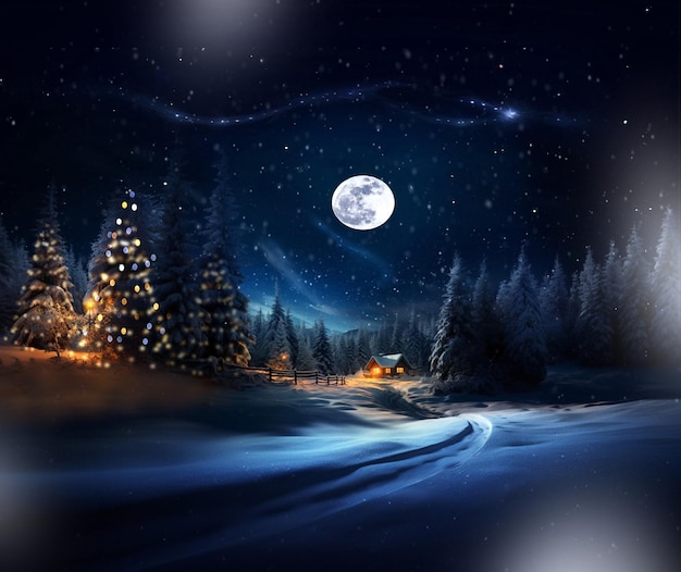 bosque de invierno noche azul cielo estrellado luna llena árboles de Navidad cabaña de madera con luz en la ventana