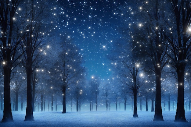 Bosque de invierno por la noche con estrellas y copos de nieve en el cielo