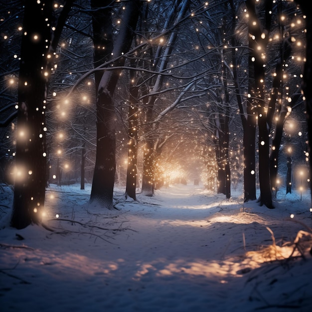 Bosque de invierno por la noche con nieve y luces mágicas hermoso paisaje de invierno